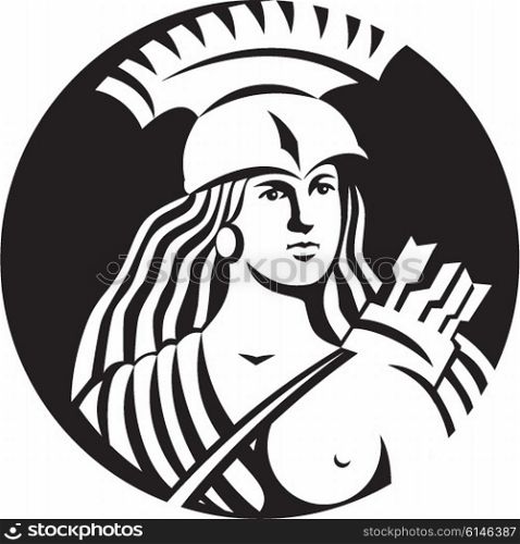 Black and white illustration of a bust of female warrior with spartan helmet with arrows slung over shoulder viewed from front set inside circle.. Female Spartan Warrior Circle Black and White