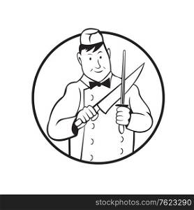 Black and white illustration of a butcher cutter worker sharpening knife viewed from front set inside circle on isolated background done in cartoon style.. Butcher Sharpening Knife Front View Circle Cartoon Black and White