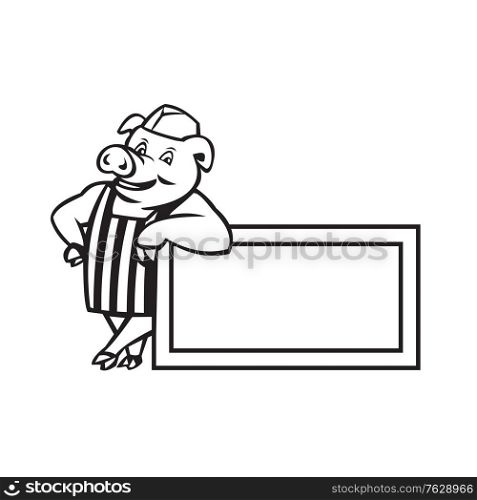 Black and white illustration of a butcher pig standing leaning on a rectangle sign facing front set on isolated white background done in cartoon style. . Butcher Pig Leaning On Sign or Signage Cartoon Black and White
