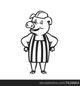 Black and white illustration of a butcher pig standing smiling wearing cap and apron with hands on hips facing front set on isolated white background done in cartoon style. . Butcher Pig Wearing Apron Hands on Hip Cartoon Black and White