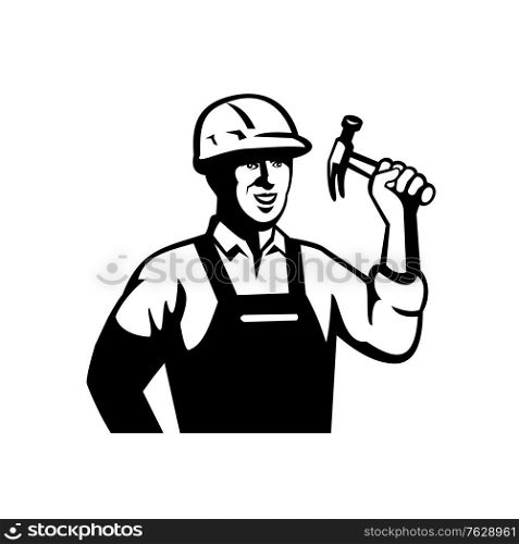 Black and white illustration of a carpenter builder or handyman holding a hammer viewed from front on isolated background done in retro style.. Builder Carpenter Handyman Holding Hammer Front Retro Black and White