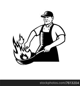 Black and White illustration of a cook or chef cooking with flaming pan or wok viewed from front on isolated background in retro style.. Chef Cooking Flaming Pan Black and White