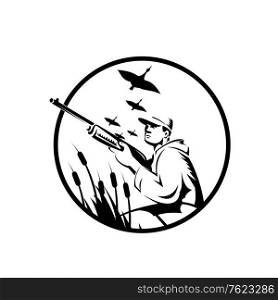 Black and white illustration of a duck hunter or bird shooter with rifle hunting aiming shooting geese flying overhead in marshes in the background set inside circle done in retro style. . Bird Hunter or Duck Shooter With Rifle Circle Retro Black and White