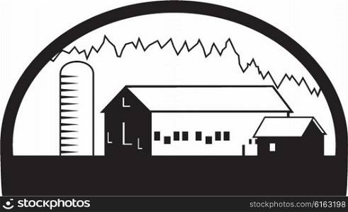 Black and white illustration of a farm house barn and silo set inside half circle shape done in retro style. . Farm Barn House Silo Black and White