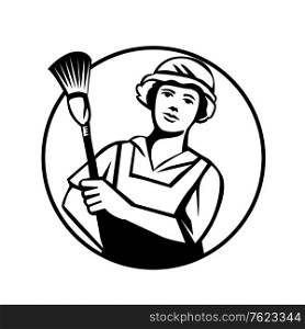 Black and white illustration of a female maid cleaner holding duster viewed from front set inside circle on isolated background. . Maid Cleaner Holding Duster Front View Circle Retro Black and White