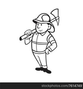 Black and White illustration of a fireman or firefighter emergency worker holding a fire ax done in cartoon style standing on isolated white background.. Fireman or Firefighter Holding a Fire Axe Cartoon Black and White