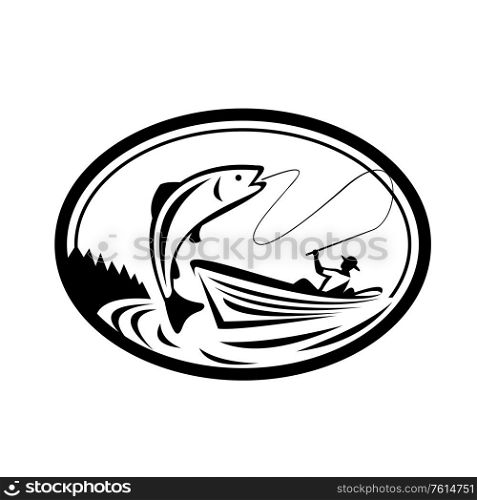 Black and White Illustration of a fly fisherman fishing on boat reeling a trout salmon fish set inside oval shape done in retro style.. Fly Fisherman Fishing Boat Reeling Trout Oval Retro Black and White
