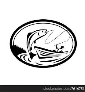 Black and White Illustration of a fly fisherman fishing on boat reeling a trout salmon fish set inside oval shape done in retro style.. Fly Fisherman Fishing Boat Reeling Trout Oval Retro Black and White
