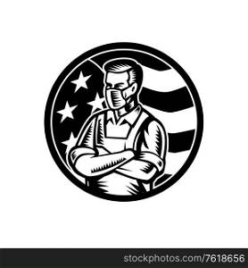 Black and white illustration of a food worker, grocery, supermarket, front line or essential worker, wearing an apron and face mask as hero with USA stars and stripes flag done in retro woodcut style.. Food Worker Wearing Mask USA Flag Retro Black and White