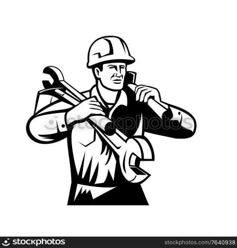 Black and white illustration of a handyman, repairman, or builder wearing hard hat carrying spanner wrench and spade viewed from front on isolated background done in retro style.. Handyman or Builder Wearing Hard Hat Carrying Spanner and Spade Retro Black and White