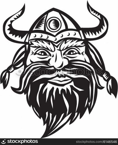 Black and white illustration of a head of a norseman viking warrior raider barbarian wearing horned helmet with beard viewed from the front set on isolated white background. . Viking Warrior Head Angry Black and White