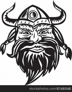 Black and white illustration of a head of a norseman viking warrior raider barbarian wearing horned helmet with beard viewed from the front set on isolated white background. . Viking Warrior Head Angry Black and White