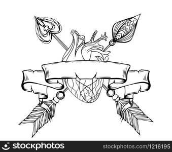Black and white illustration of a heart with an arrow and the old scroll. Vector eelement for printing on T-shirts, tattoos and sketches of your design. Black and white illustration of a heart with an arrow and the ol