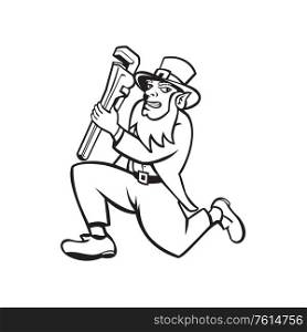 Black and White Illustration of a leprechaun holding monkey wrench running facing side set on isolated white background done in retro style. . Leprechaun Plumber Running Cartoon Black and White