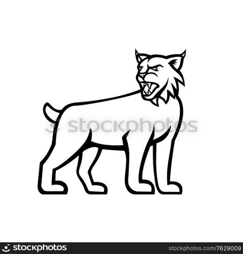 Black and white illustration of a lynx, Canada lynx, Eurasian lynx or Bobcat,a medium-sized wild cat viewed from side on isolated background in retro style.. Bobcat or Lynx Cat Standing Side View Mascot Black and White