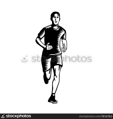 Black and White Illustration of a male marathon runner viewed from front running on isolated white background done in retro woodcut style.. Marathon Runner Woodcut Black and White