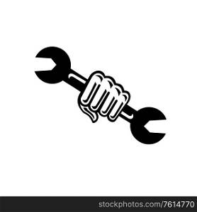 Black and White Illustration of a mechanic hand holding spanner wrench punching from front on isolated background done in retro style.. Mechanic Hand Holding Spanner Front Black and White