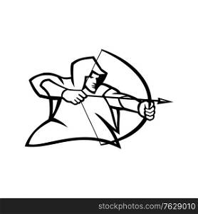 Black and white illustration of a medieval archer like Robin Hood, shooting a bow and arrow wearing a green hood viewed from side on isolated background in retro style.. Medieval Archer Shooting a Bow and Arrow Mascot Black and White