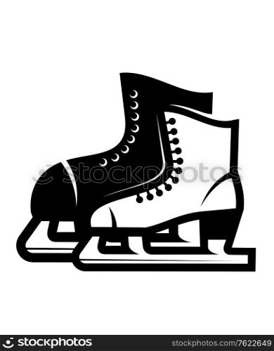 Black and white illustration of a pair of ice skates, a larger one behind in black and a dainty white one for a lady in front, vector illustration