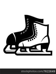 Black and white illustration of a pair of ice skates, a larger one behind in black and a dainty white one for a lady in front, vector illustration