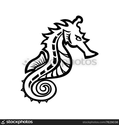 Black and white illustration of a seahorse, sea-horse or sea horse, a small marine fish in the genus Hippocampus viewed from side on isolated background in retro style.. Seahorse or Sea horse Side View Mascot Black and White