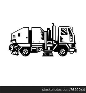 Black and white illustration of a street cleaner truck sweeping cleaning from side on isolated background done in retro woodcut style.. Street Cleaner Truck Side View Retro Woodcut