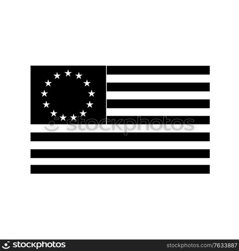 Black and white illustration of a the Betsy Ross flag, an early design of United States flag with 13 alternating red-and-white stripes with stars in upper left corner canton on isolated background.. Betsy Ross Flag an Early Design of United States Flag Black and White Illustration