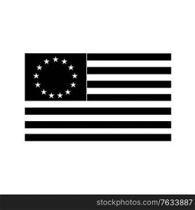 Black and white illustration of a the Betsy Ross flag, an early design of United States flag with 13 alternating red-and-white stripes with stars in upper left corner canton on isolated background.. Betsy Ross Flag an Early Design of United States Flag Black and White Illustration