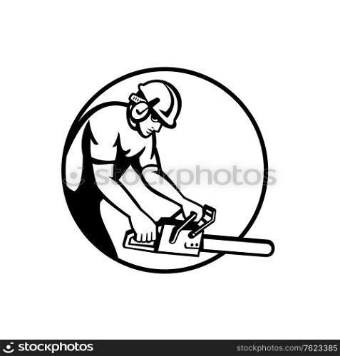 Black and white illustration of a tree surgeon arborist gardener tradesman lumberjack worker wearing hard hat holding chainsaw side view set in circle done in retro style on isolated background.. Arborist Tree Surgeon Lumberjack With Chainsaw Circle Retro Black and White