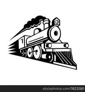 Black and white illustration of a vintage steam locomotive or train speeding in full speed coming up the viewer forward on isolated background in retro style.. Steam Locomotive Speeding Forward Retro Mascot Black and White