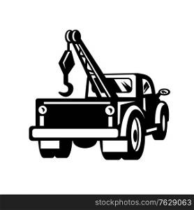 Black and white illustration of a vintage tow truck or wrecker pick-up truck lorry viewed from rear done in retro style.. Vintage Tow Truck or Wrecker Pick-up Truck Rear View Retro Black and White