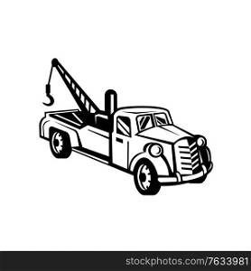 Black and white illustration of a vintage tow truck or wrecker pick-up truck lorry viewed from high angle on side done in retro style.. Vintage Tow Truck or Wrecker Pick-up Truck Side View Retro Black and White