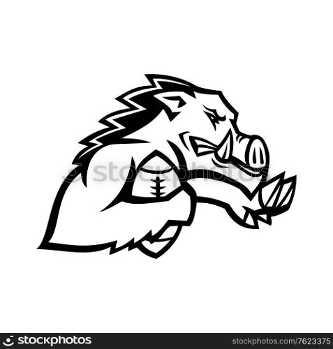 Black and white illustration of a wild boar or razorback, a half-wild pig breed common in the southern US, running with American football ball fend off with stiff-arm viewed side on isolated background.. Wild Boar or Razorback With American Football Ball Mascot Black and White