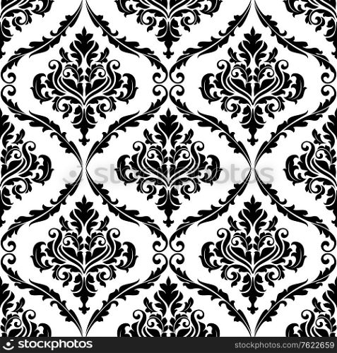 Black and white illustration of am ornate floral arabesque decorative seamless pattern with each motif in a foliate frame suitable for textiles and damask style fabric