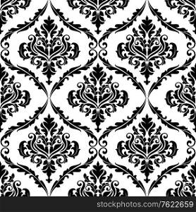 Black and white illustration of am ornate floral arabesque decorative seamless pattern with each motif in a foliate frame suitable for textiles and damask style fabric