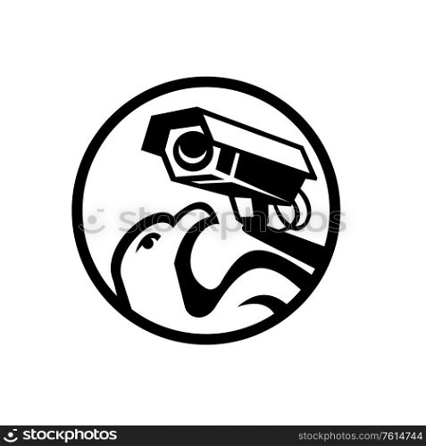 Black and White Illustration of an american bald eagle with surveillance security camera set inside circle done in retro style.. Eagle and Security surveillance Camera Circle Black and White
