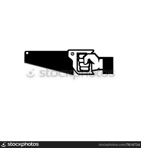 Black and White Illustration of an American carpenter, handyman or construction worker hand holding a crosscut saw viewed from side on isolated white background done in retro style. . Carpenter Hand Holding Crosscut Saw Side View Icon Black and White