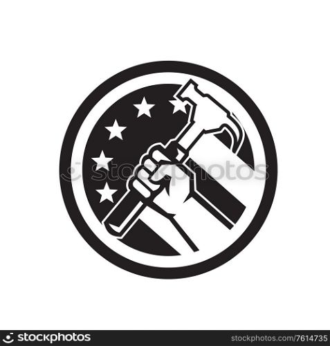 Black and White Illustration of an American carpenter or handyman hand holding a hammer viewed from the side set inside circle with USA stars and stripes flag in the background done in retro style. . Carpenter Hand Holding Hammer USA Flag Circle Retro Icon Black and White