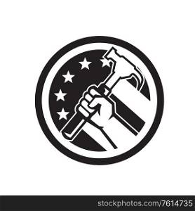 Black and White Illustration of an American carpenter or handyman hand holding a hammer viewed from the side set inside circle with USA stars and stripes flag in the background done in retro style. . Carpenter Hand Holding Hammer USA Flag Circle Retro Icon Black and White
