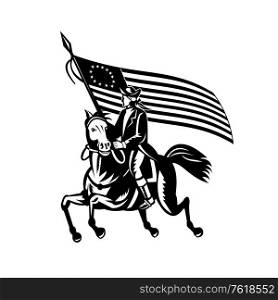 Black and white illustration of an American patriot revolutionary general soldier on horseback carrying Betsy Ross flag looking to side on independence day done in retro woodcut style.. American Patriot Revolutionary General on Horseback With Betsy Rose Flag Retro Black and White