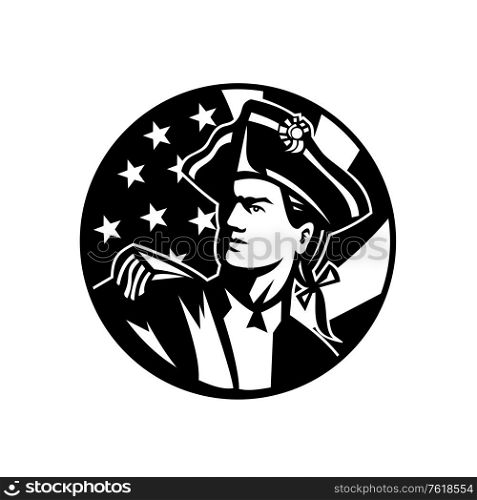 Black and white illustration of an American Patriot revolutionary soldier looking up with USA star spangled banner stars and stripes flag in background on Independence Day done in retro style.. American Patriot Revolutionary Soldier Looking Up USA Flag Retro Black and White