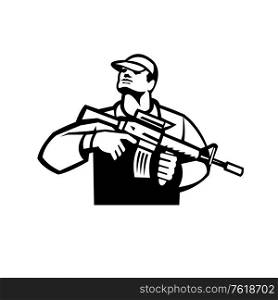 Black and White Illustration of an American soldier serviceman holding an assault rifle facing front looking up on isolated white background.. Soldier Military Serviceman Holding Assault Rifle Front View Retro Black and White