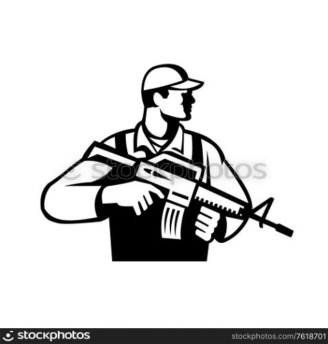 black and white Illustration of an American soldier serviceman with assault rifle facing to side looking up on isolated white background.. Soldier or Military Serviceman With Assault Rifle Looking Side Retro Black and White