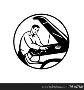 Black and White Illustration of an auto mechanic repairing automobile car vehicle set inside circle done in retro style.. Auto Mechanic Car Repair Circle Retro Black and White