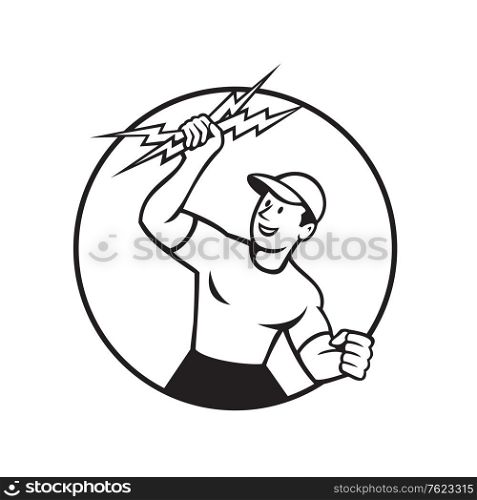 Black and white illustration of an electrician, power lineman, construction worker holding up a lightning bolt set inside circle done in cartoon style in isolated white background.. Electrician Holding Up Lightning Bolt Circle Cartoon Black and White