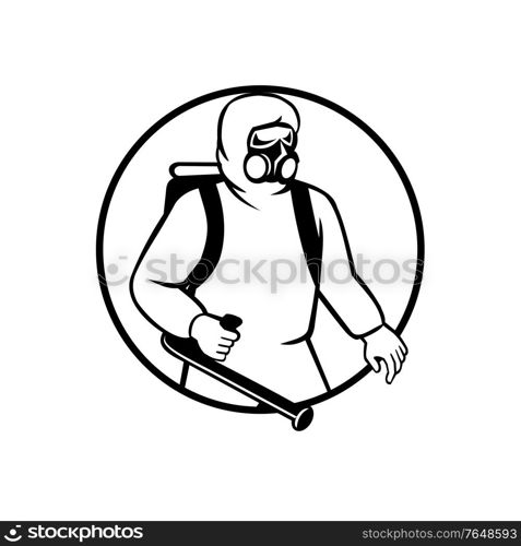 Black and white illustration of an industrial worker, healthcare, essential or pest exterminator wearing respiratory protective equipment, fumigating spraying disinfectant set in circle retro style.. Industrial Worker Essential Worker or Pest Exterminator Wearing Respiratory Protective Equipment Spraying Disinfectant Black and White