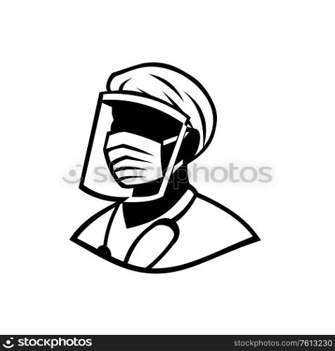 Black and White illustration of bust of a medical professional, nurse, doctor, healthcare or essential worker wearing a PPE, protective personal equipment face mask isolated background in retro style.. Medical Professional Wearing Face Mask Black and White