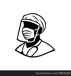 Black and White illustration of bust of a medical professional, nurse, doctor, healthcare or essential worker wearing a PPE, protective personal equipment face mask isolated background in retro style.. Medical Professional Wearing Face Mask Black and White