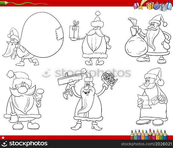 Black and white illustration of cartoon Santa Claus Christmas characters set coloring book page