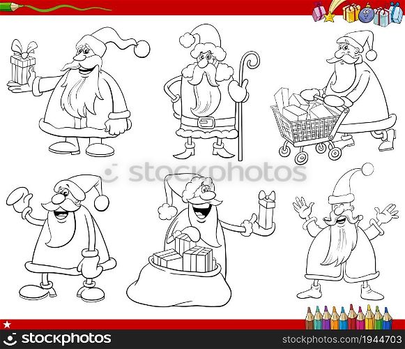 Black and white illustration of Christmas holidays cartoons set with Santa Claus characters coloring book page